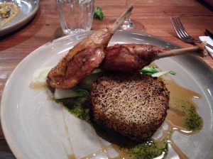 Duck confit ($34) - with nori coated sticky rice,  chilli soy caramel, sesame greens  and coriander mint relish