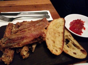 Duck wings ($14) - twice cooked with garlic crostini’s  and spiced fruit chutney